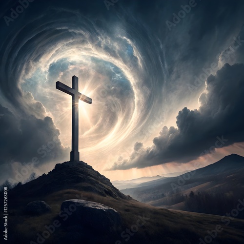A majestic holy cross, weathered and worn, stands tall against a backdrop of a tumultuous sky over Golgotha Hill, shrouded in a divine light that pierces through the dark, foreboding clouds.