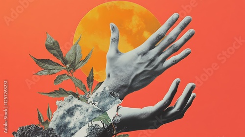 Surrealistic collage with human hands extending from an abstract shape, representing the boundless nature of creativity