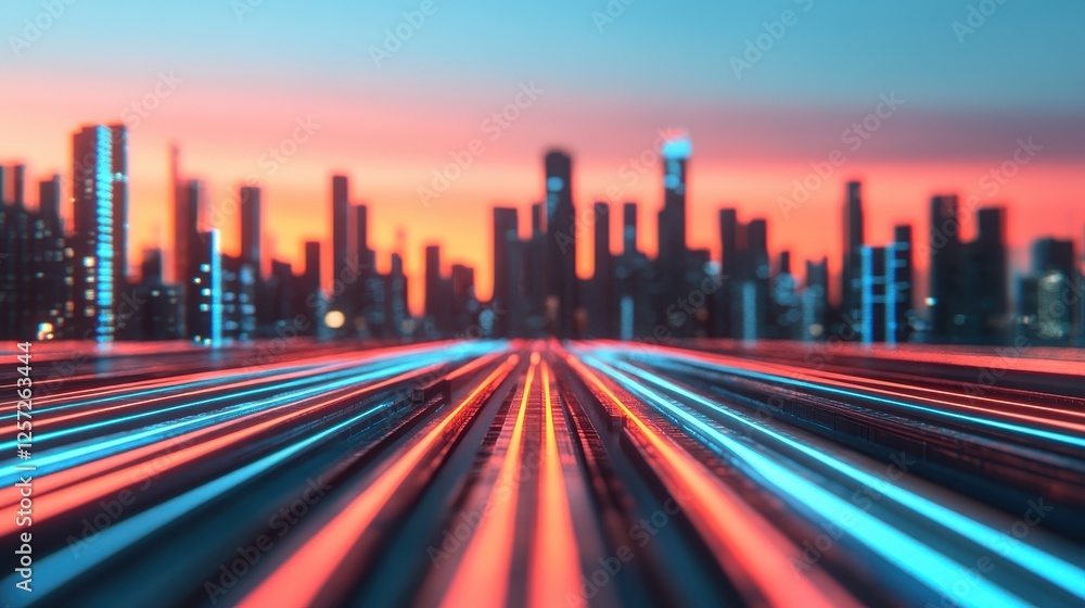 Fototapeta premium Bright city skyline at sunset with vibrant light trails creating a stunning visual effect.