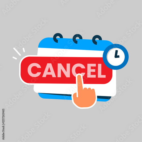 Flat illustration of a calendar, clock, and cancel button, representing easy subscription cancellation anytime or click to cancel. Suitable for UI design, business, and customer service concepts