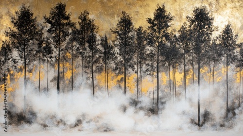 Wallpaper Mural Moody forest landscape with fog and golden sky background Torontodigital.ca