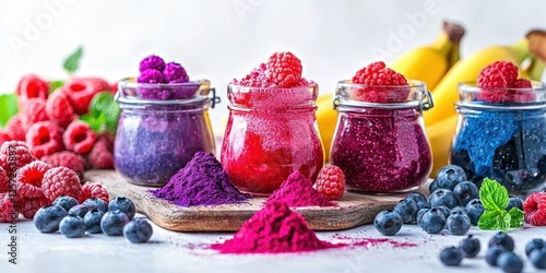 Prebiotic Powders with Fresh Berries on Wooden Board photo