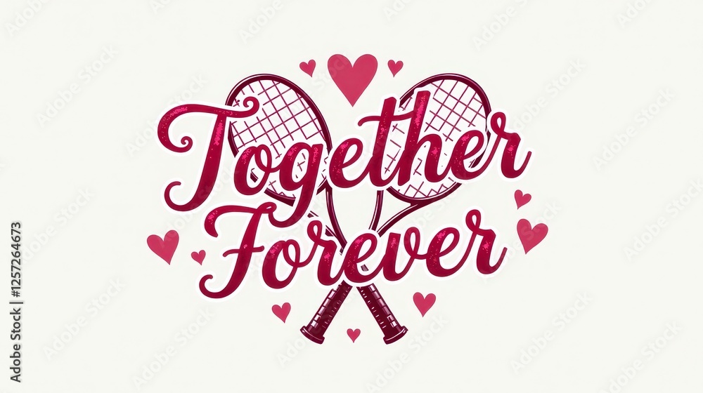 Together Forever – Romantic Lettering Art for Saint Valentines Day, red hearts and Tennis rackets on the white background Together Forever – Romantic Lettering Art for Saint Valentines Day, red hearts and Tennis rackets on the white background