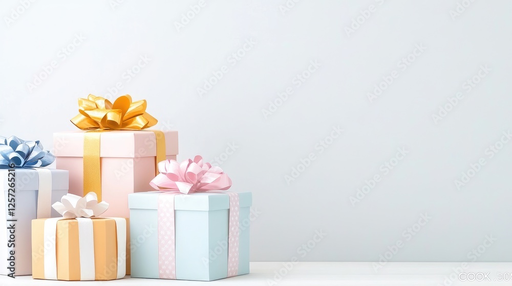 Obraz premium Pastel gift boxes with bows on white table, minimalist background; ideal for celebration greetings