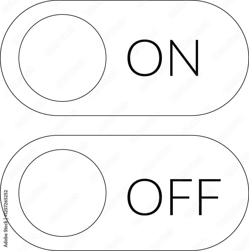 A clean vector illustration of on/off toggle switch icons in a minimalist line art style on a white background, for user interfaces, mobile apps, website elements, presentations, diagrams, and technic A clean vector illustration of on/off toggle switch icons in a minimalist line art style on a white background, for user interfaces, mobile apps, website elements, presentations, diagrams, and technic