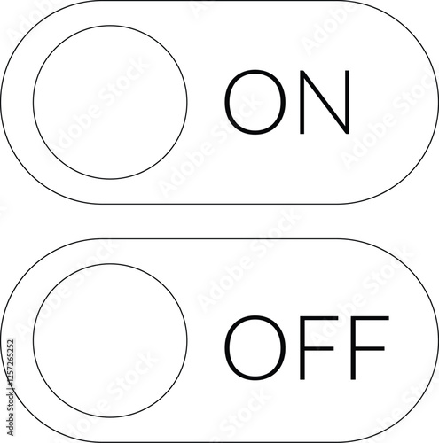 A clean vector illustration of on/off toggle switch icons in a minimalist line art style on a white background, for user interfaces, mobile apps, website elements, presentations, diagrams, and technic