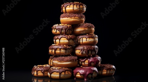 Stack of decadent chocolate-covered donuts. photo