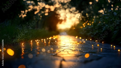 A low-angle view captures a path illuminated by soft golden lights, inviting exploration as bokeh blurs merge with the enchanting sunset in the background photo