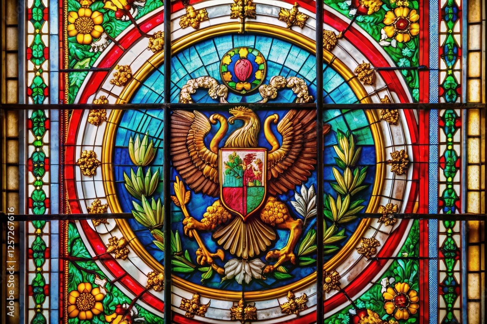A breathtaking minimalist Mexican coat of arms shines in colorful stained glass, a perfect patriotic window art piece. A breathtaking minimalist Mexican coat of arms shines in colorful stained glass, a perfect patriotic window art piece.