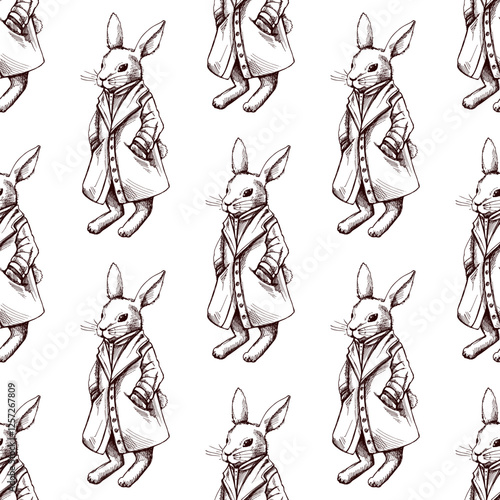Hand drawn vintage seamless pattern of an Easter bunny in coat