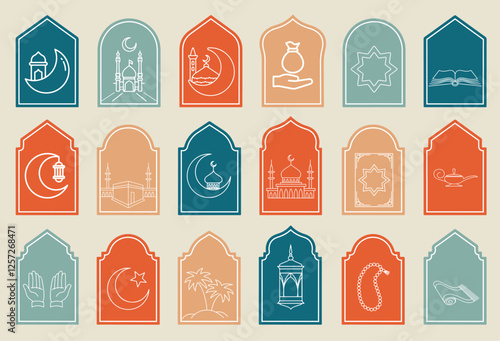 Arabic frames or arabian doors. Muslim architecture design elements, eid mubarak gates