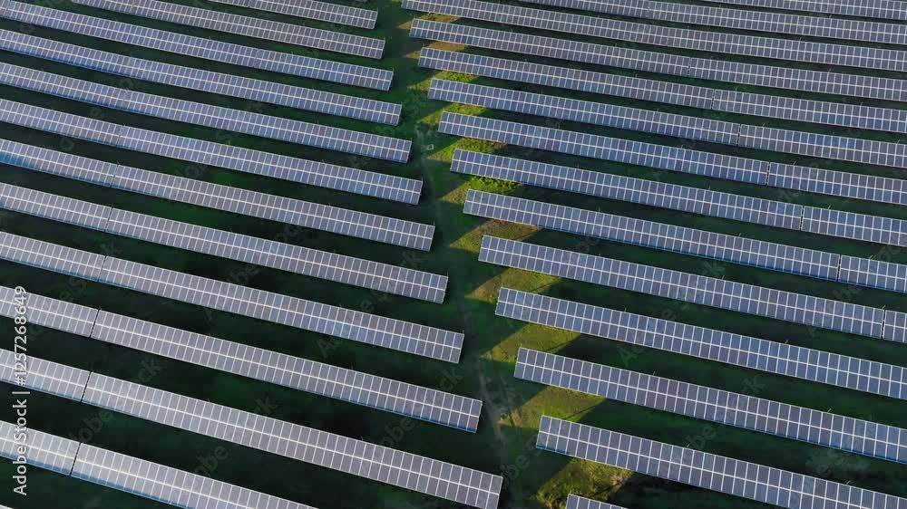 Aerial orbit around center angled accessway of solar panels countryside, producing renewable energy efficiently Aerial orbit around center angled accessway of solar panels countryside, producing renewable energy efficiently