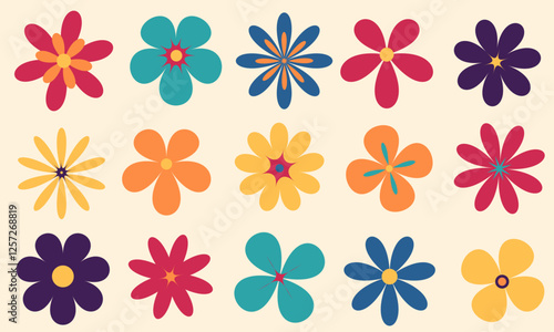 Groovy style flowers set. Simple flowers minimalistic style. Geometric flower set. Vector illustrations. Retro bright flowers