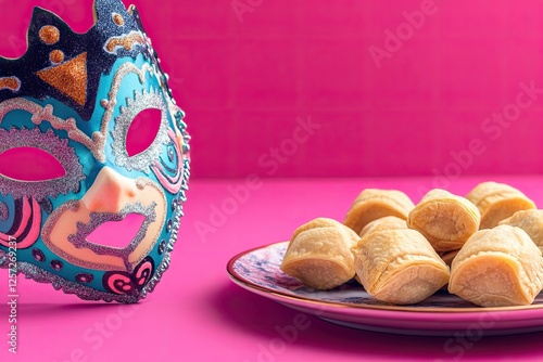 Colorful mask paired with delicious hamantaschen on vibrant back photo