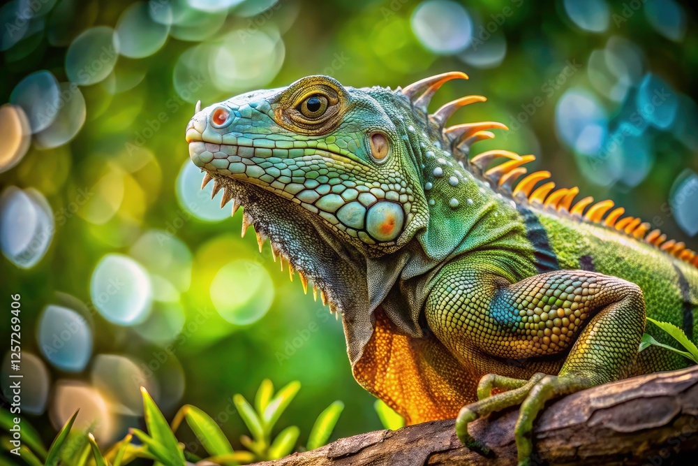 Obraz premium A detailed wildlife photo showcasing a majestic iguana in its rainforest habitat.