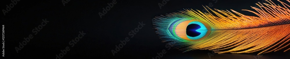Fototapeta premium Peacock feather with glowing rainbow accents on a black background