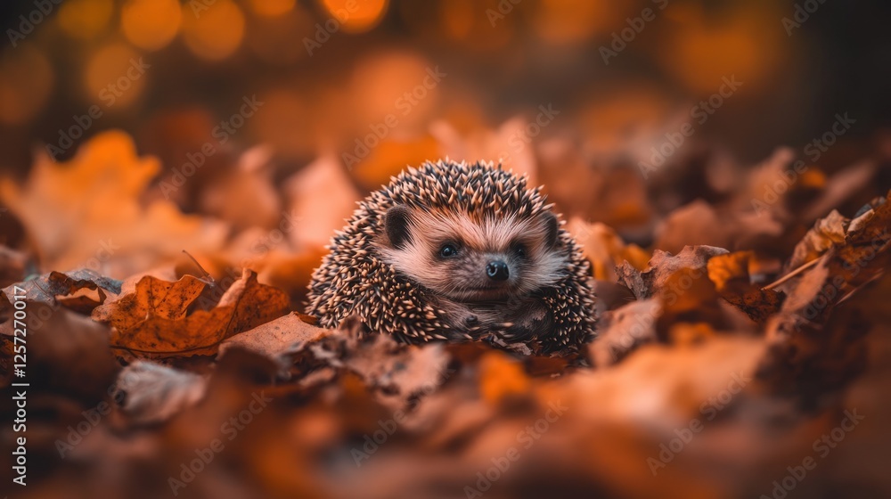 A small hedgehog is nestled amongst autumn leaves A small hedgehog is nestled amongst autumn leaves