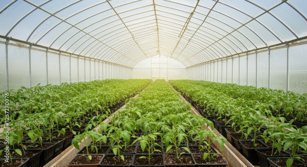 Lush greenhouse with rows of young tomato plants under sunlit transparent roof Lush greenhouse with rows of young tomato plants under sunlit transparent roof