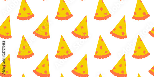 Colorful party hats in repeating pattern decorate a festive background for celebrations