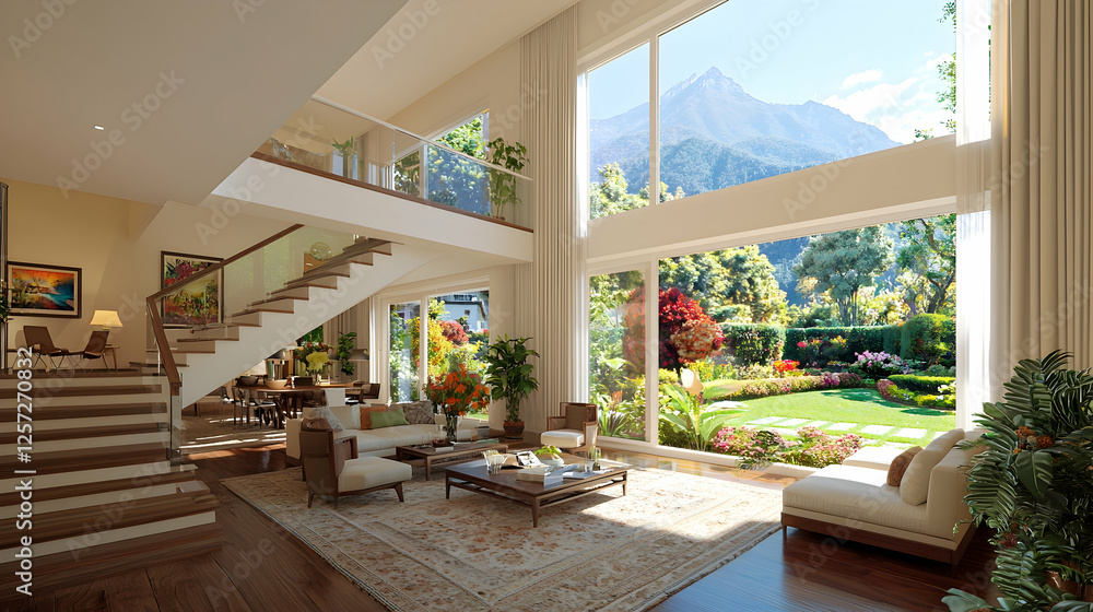 Fototapeta premium Modern mountain villa living room, garden view