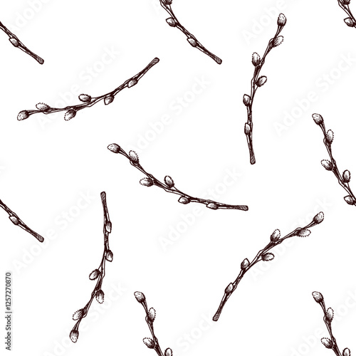 Hand drawn vintage seamless pattern of pussy willow branches for Easter