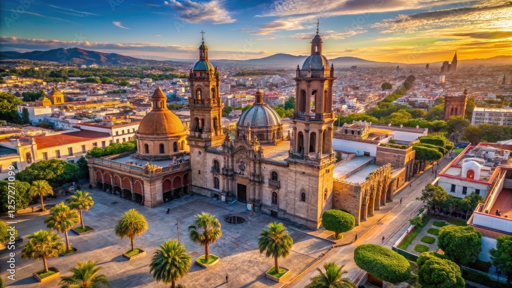 Naklejka premium Aguascalientes' San Antonio Church: a breathtaking aerial perspective of its historic cathedral, rich in Mexican culture and religious architecture.