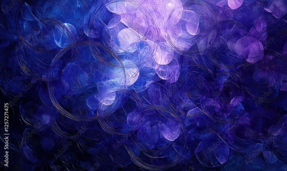 Obraz premium A subtle gradient enhances a royal blue background with overlapping curved lines and varied circular shapes.