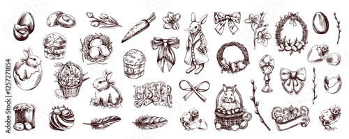 Vintage easter holiday hand drawn sketch illustration set  in engraved style