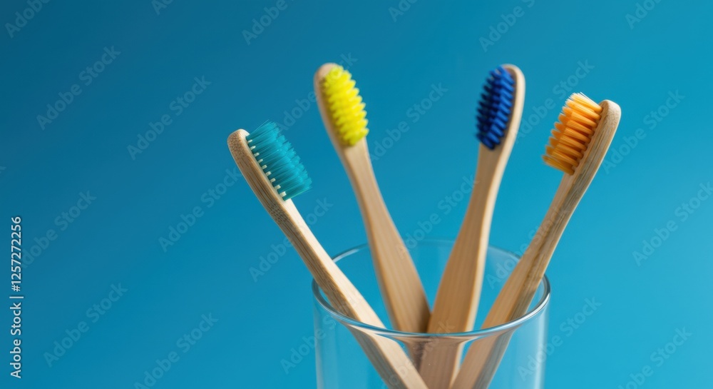 Eco-friendly bamboo toothbrushes with colorful bristles against blue background Eco-friendly bamboo toothbrushes with colorful bristles against blue background
