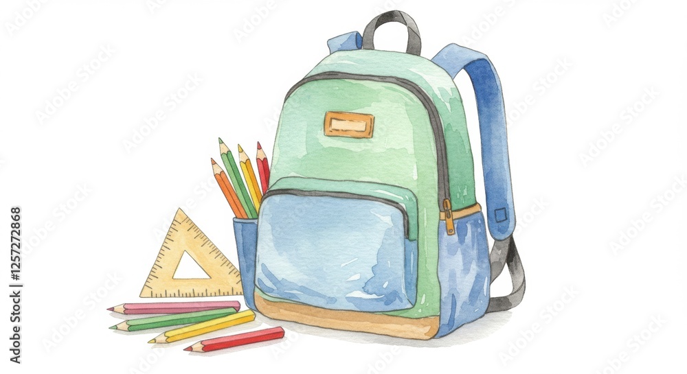 Fototapeta premium Watercolor backpack and school supplies with colorful pencils and ruler