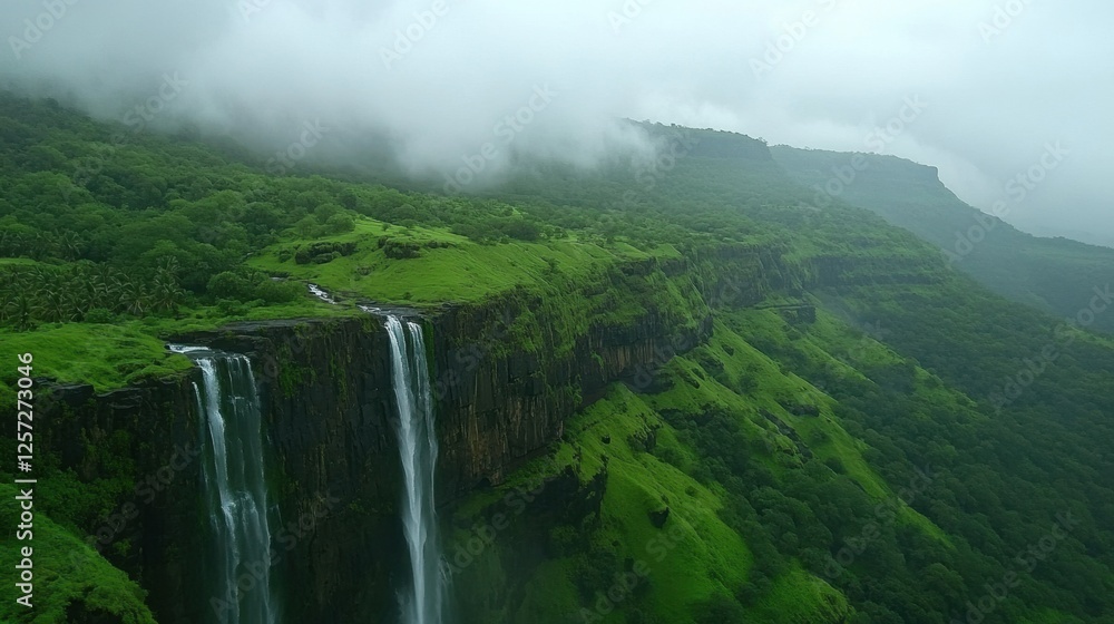 custom made wallpaper toronto digitalA high-angle view of a cascading waterfall cutting through a lush green valley