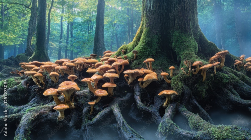 Obraz premium A magical forest scene with giant mushrooms growing among moss-covered tree roots