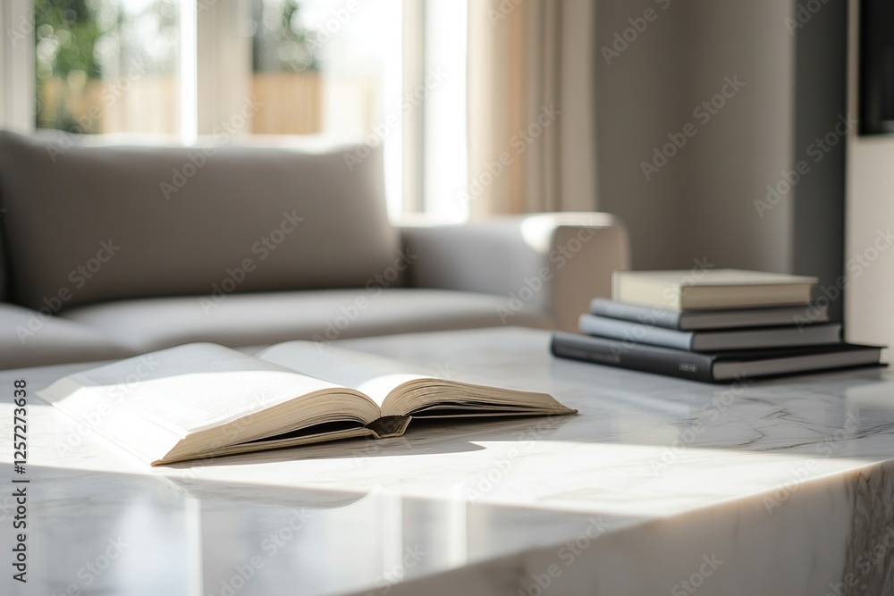 Sunlight Illuminates Open Book on Marble Coffee Table in Modern Living Room, Stack of Books Nearby. Sunlight Illuminates Open Book on Marble Coffee Table in Modern Living Room, Stack of Books Nearby.