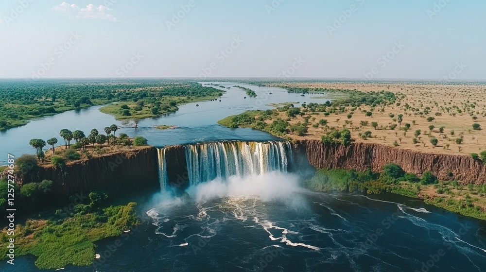 A river flowing over a wide waterfall, creating a curtain of cascading water A river flowing over a wide waterfall, creating a curtain of cascading water