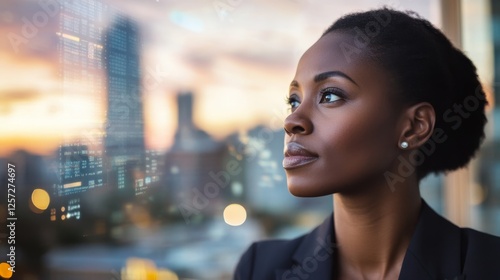 A poised Black executive woman looks into the distance, her profile enhanced by a vibrant urban skyline and subtle digital data, capturing ambition and innovation
