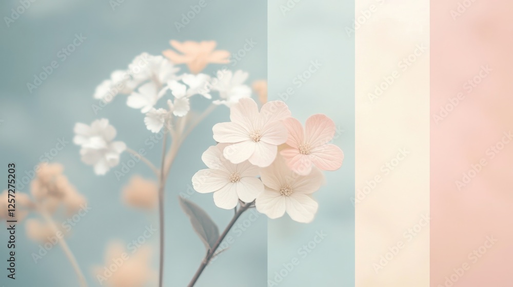Obraz premium Pastel Floral Background with White and Peach Flowers and Color Blocks