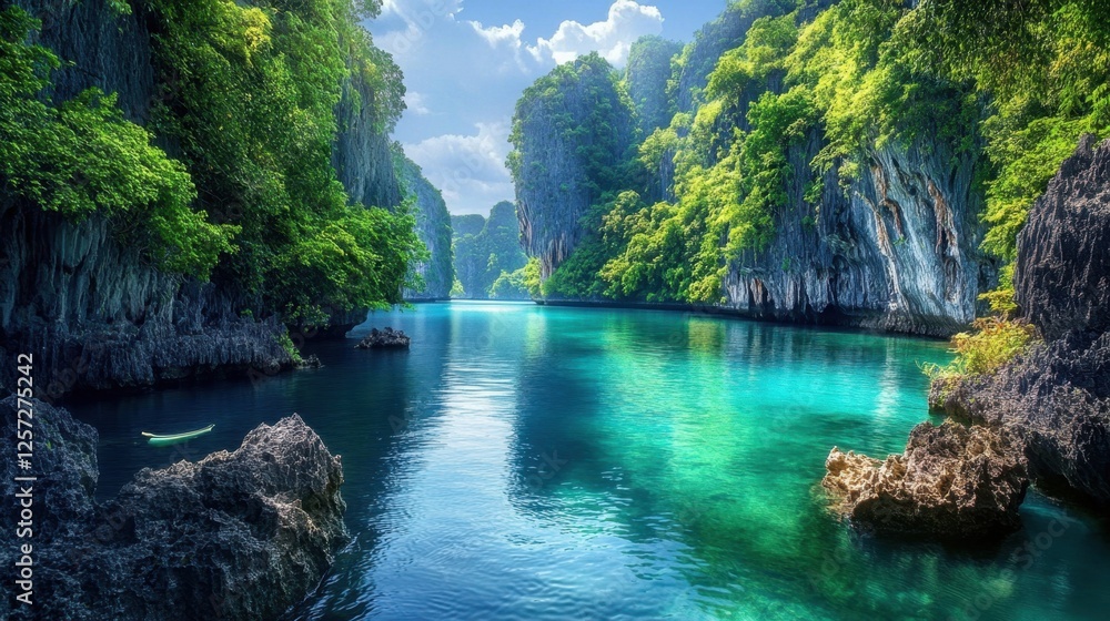 A secluded cove with crystal-clear water and rocky cliffs covered in lush greenery A secluded cove with crystal-clear water and rocky cliffs covered in lush greenery