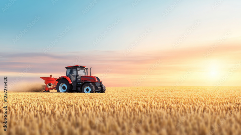 Obraz premium Golden Hour Harvest: A red tractor traverses a vast, golden wheat field, casting a long shadow in the warm glow of the setting sun. The scene evokes a sense of tranquility and hard work. 