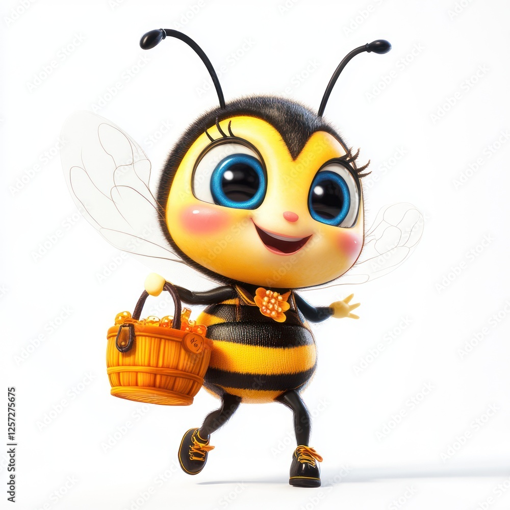 Cute cartoon bee carrying basket, against white background, ideal for children's products Cute cartoon bee carrying basket, against white background, ideal for children's products