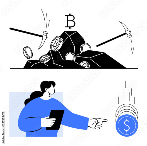 Person holding a tablet points at falling coins, while pickaxes mine bitcoins. Ideal for cryptocurrency, digital finance, blockchain, technology, investment, fintech and economy. Line metaphor