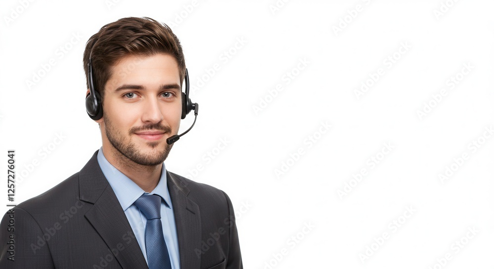 Young business man telephone operator hotline worker customer support service manager with headset isolated on a white background copy space. Call center concept Young business man telephone operator hotline worker customer support service manager with headset isolated on a white background copy space. Call center concept