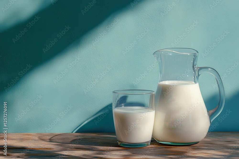 Fresh Milk in Glass and Jug on Wooden Table Against a Soft Blue Background with Gentle Shadows Fresh Milk in Glass and Jug on Wooden Table Against a Soft Blue Background with Gentle Shadows
