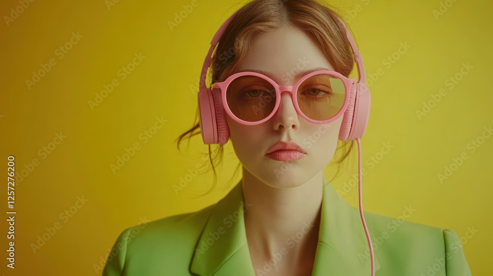 Portrait of a stylish young woman with pink headphones Portrait of a stylish young woman with pink headphones