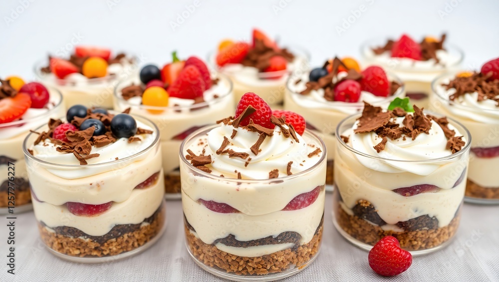 Tiramisu desserts, each uniquely garnished with an array of colorful berries, showcasing the indulgent treats in exquisite detail, ideal for advertising, packaging, or culinary editorials. Tiramisu desserts, each uniquely garnished with an array of colorful berries, showcasing the indulgent treats in exquisite detail, ideal for advertising, packaging, or culinary editorials.