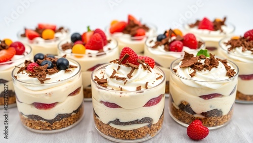 Tiramisu desserts, each uniquely garnished with an array of colorful berries, showcasing the indulgent treats in exquisite detail,  ideal for advertising, packaging, or culinary editorials.