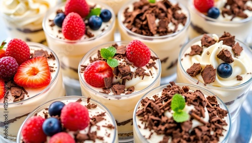 Tiramisu desserts, each uniquely garnished with an array of colorful berries, showcasing the indulgent treats in exquisite detail,  ideal for advertising, packaging, or culinary editorials.