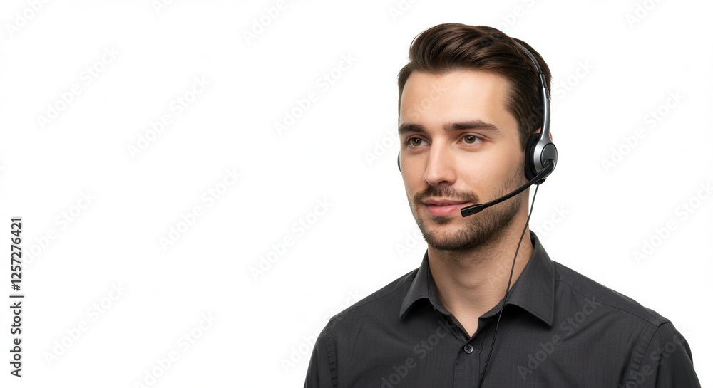 Young business man telephone operator hotline worker customer support service manager with headset isolated on a white background copy space. Call center concept