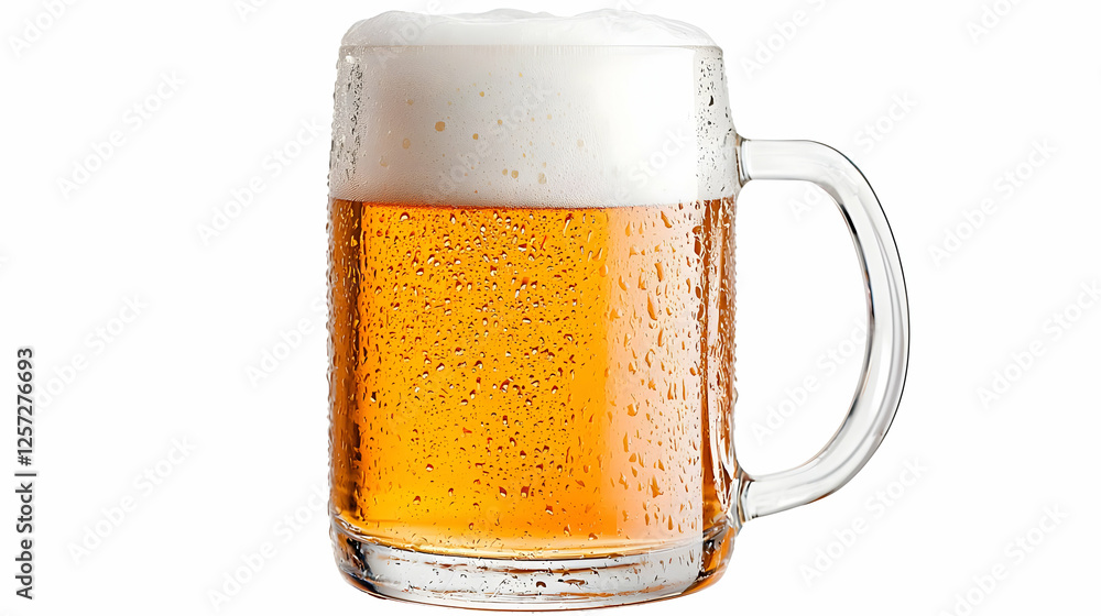 Frothy beer in glass mug, condensation, white background; website, menu Frothy beer in glass mug, condensation, white background; website, menu