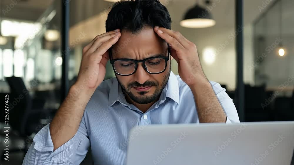 A man is sitting at a desk with a laptop and a stack of papers. He is looking at the laptop with a worried expression on his face A man is sitting at a desk with a laptop and a stack of papers. He is looking at the laptop with a worried expression on his face