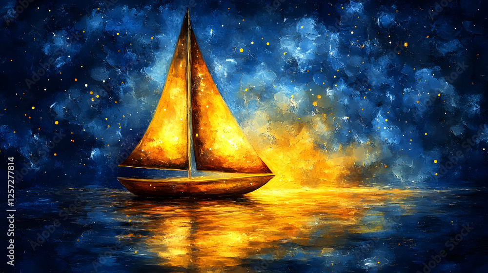Fototapeta premium Night sailboat, starry sky, calm sea, peaceful scene, art print
